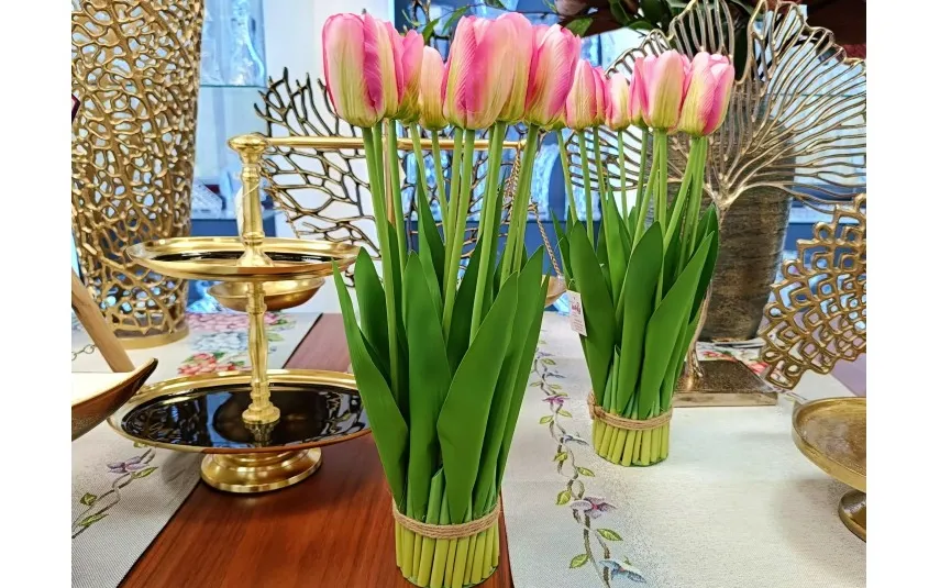 Art-Pol Bukiet 12 sztucznych tulipanów 38 cm różowo-białe Outlet