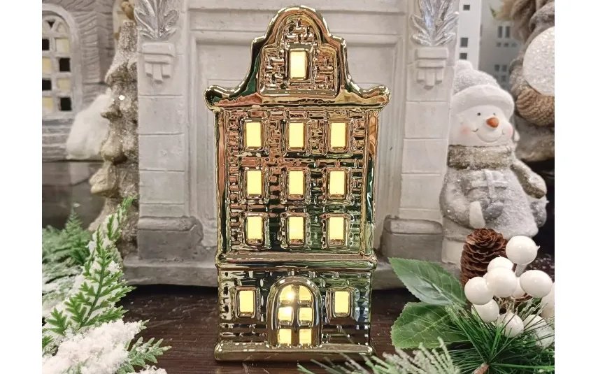 Ewax Ceramiczna ozdoba Kamieniczka LED świecąca złota duża 20 cm Clearance