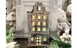 Ewax Ceramiczna ozdoba Kamieniczka LED świecąca srebrna duża 20 cm Fashion