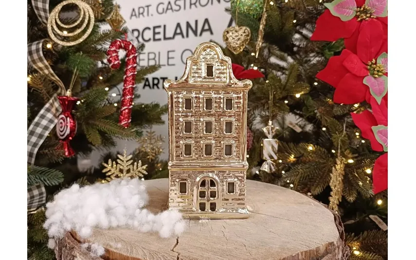 Ewax Ceramiczna ozdoba Kamieniczka LED świecąca złota duża 20 cm Clearance