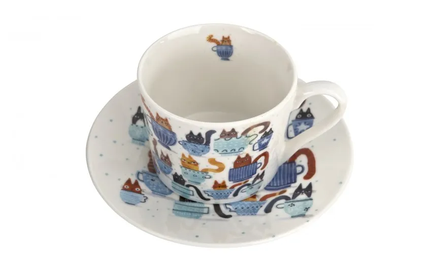 Duo Filiżanka porcelanowa 230 ml + spodek Koty w filiżankach Fashion