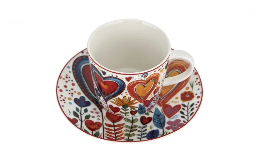 Duo Filiżanka porcelanowa 220 ml + spodek Kolorowe Serca 2 Outlet