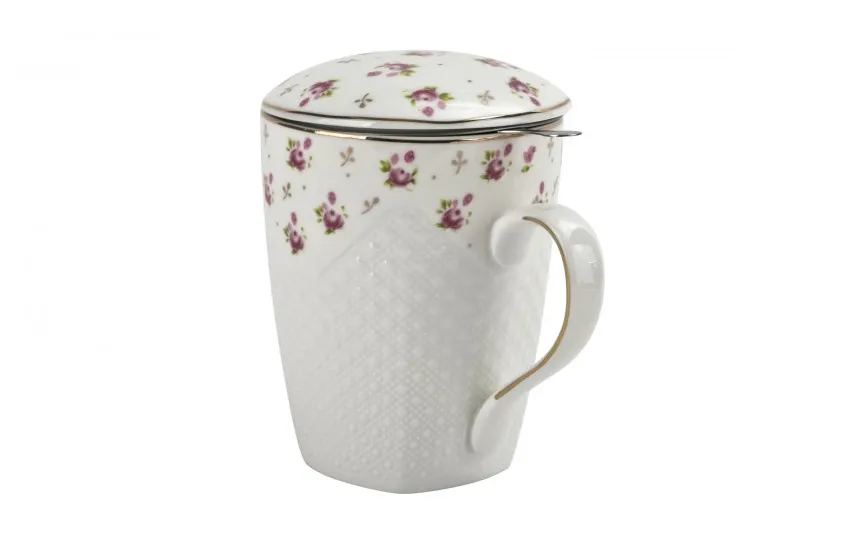 Veroni Kubek porcelanowy 430 ml z zaparzaczem Kwiatki Valentina 713019 Fashion