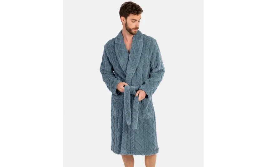 Massana Homewear Szlafrok męski polarowy L746311- XL długi szaro-niebieski warkocz Clearance