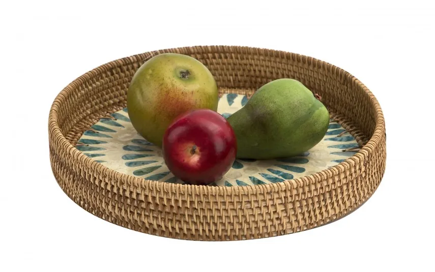 MPLCo Taca dekoracyjna rattanowa 30cm Natural niebieska okragła Sale