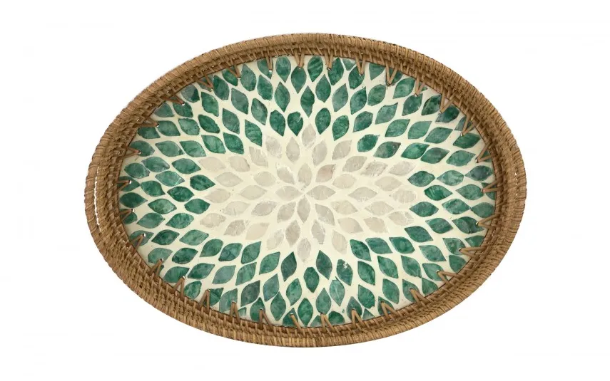 MPLCo Taca dekoracyjna rattanowa 41,5x30x4,5cm Natural turkusowa owalna New