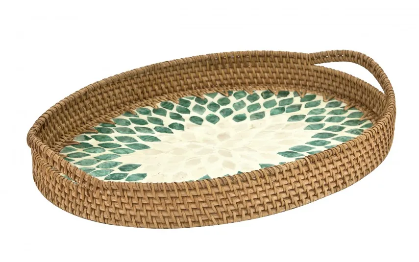 MPLCo Taca dekoracyjna rattanowa 41,5x30x4,5cm Natural turkusowa owalna New