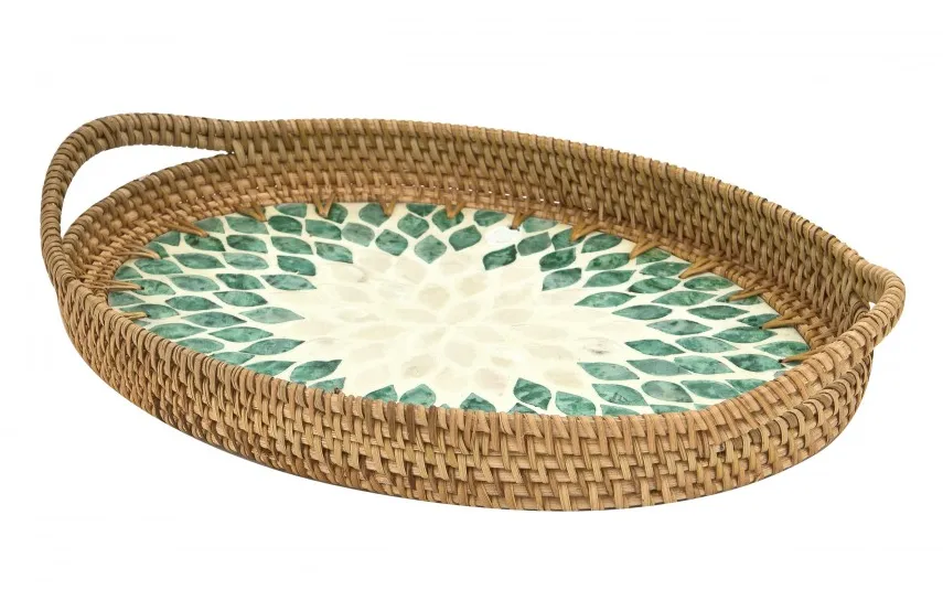 MPLCo Taca dekoracyjna rattanowa 35,5x26x4cm Natural turkusowa owalna Hot