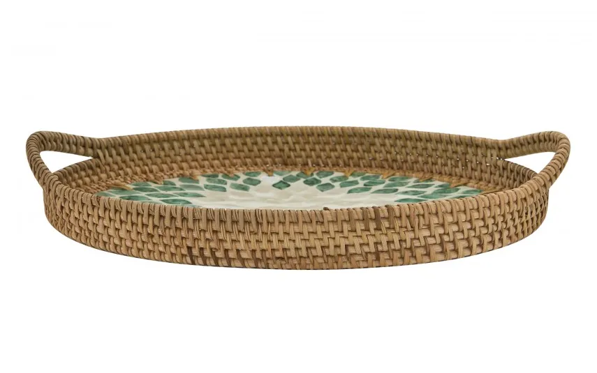 MPLCo Taca dekoracyjna rattanowa 35,5x26x4cm Natural turkusowa owalna Hot